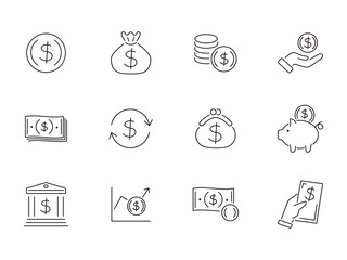 Money vector line icon set with a currency symbol. coin, bill. dollar