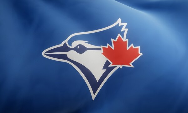 MLB team Toronto Blue Jays insignia on waving jersey fabric. Editorial 3D rendering