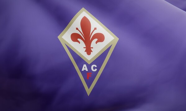 Logo of Italian football club ACF Fiorentina on waving fabric. Editorial 3D rendering