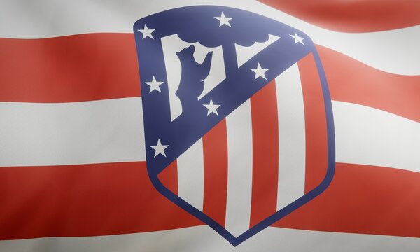 Logo of Spanish football club Atl&eacute;tico Madrid on waving fabric. Editorial 3D rendering