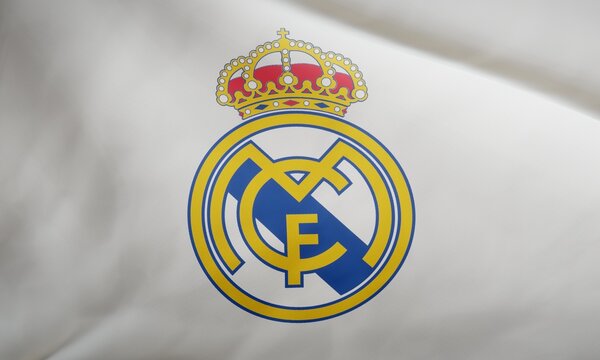 Logo of Spanish football club Real Madrid on waving fabric. Editorial 3D rendering