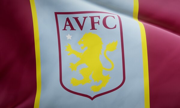 Logo of Enlish football club Aston Villa F.C. on waving fabric. Editorial 3D rendering