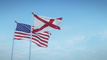 Waving flags of the USA and the US state of Alabama against blue sky backdrop. 3d rendering