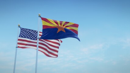 Waving flags of the USA and the US state of Arizona against blue sky backdrop. 3d rendering