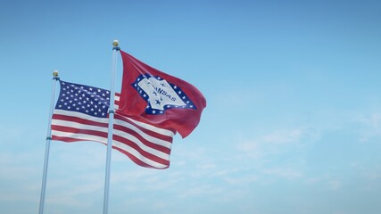 Obraz premium Waving flags of the USA and the US state of Arkansas against blue sky backdrop. 3d rendering
