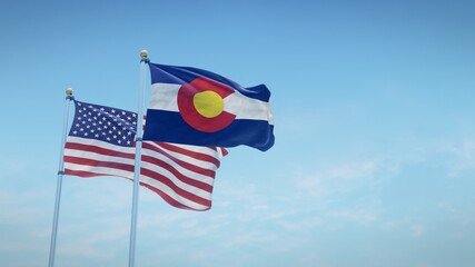 Waving flags of the USA and the US state of Colorado against blue sky backdrop. 3d rendering