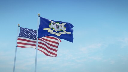 Waving flags of the USA and the US state of Connecticut against blue sky backdrop. 3d rendering
