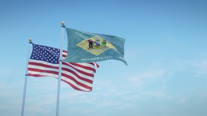 Waving flags of the USA and the US state of Delaware against blue sky backdrop. 3d rendering