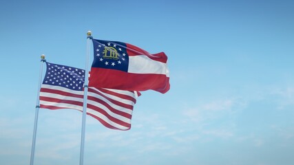 Waving flags of the USA and the US state of Georgia against blue sky backdrop. 3d rendering