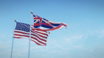 Waving flags of the USA and the US state of Hawaii against blue sky backdrop. 3d rendering