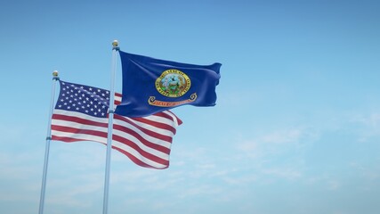 Waving flags of the USA and the US state of Idaho against blue sky backdrop. 3d rendering