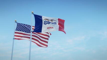 Waving flags of the USA and the US state of Iowa against blue sky backdrop. 3d rendering