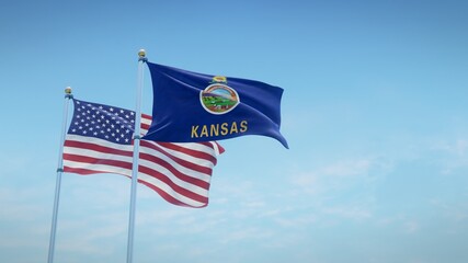 Waving flags of the USA and the US state of Kansas against blue sky backdrop. 3d rendering