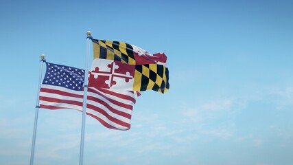 Waving flags of the USA and the US state of Maryland against blue sky backdrop. 3d rendering