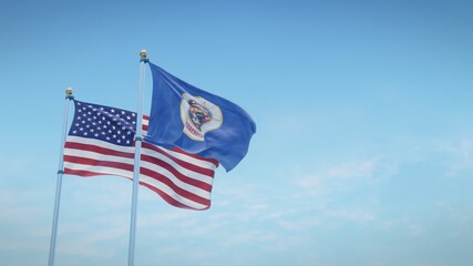 Waving flags of the USA and the US state of Minnesota against blue sky backdrop. 3d rendering