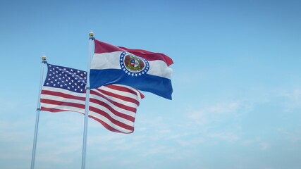 Waving flags of the USA and the US state of Missouri against blue sky backdrop. 3d rendering