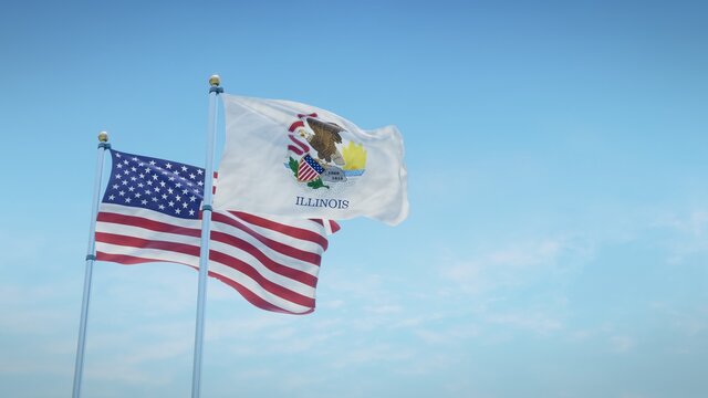 Waving flags of the USA and the US state of Illinois against blue sky backdrop. 3d rendering