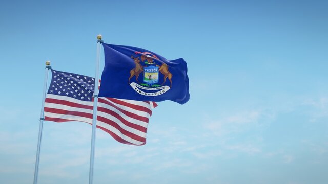 Waving flags of the USA and the US state of Michigan against blue sky backdrop. 3d rendering