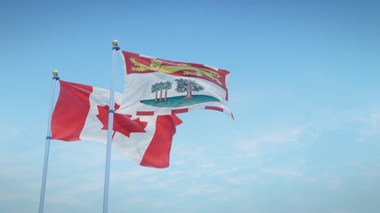 Fototapeta premium Waving flags of Canada and the Canadian province of Prince Edward Island against blue sky backdrop. 3d rendering