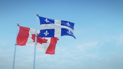 Waving flags of Canada and the Canadian province of Quebec against blue sky backdrop. 3d rendering