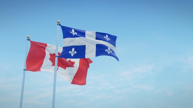 Waving flags of Canada and the Canadian province of Quebec against blue sky backdrop. 3d rendering