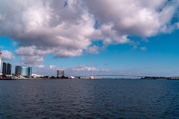 Naklejka premium Coronado Bridge - Connecting San Diego and Coronado. The bridge goes over the San Diego Bay that feeds into the Pacific Ocean