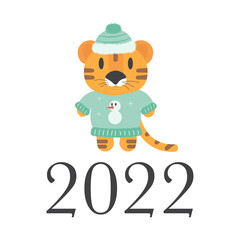 Tiger on a white background. Vector tiger. New Year vector illustration of a tiger. Chinese tiger. Christmas flat illustration with tiger.