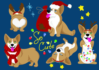 Set of Cute Corgi Cartoon Dogs. Corgi Santa's helpers. Corgi wearing a santa claus hat. Merry Christmas. Collection in different poses in free hand drawing illustration style. Set of Funny Characters.