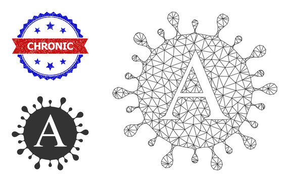 Mesh Alpha coronavirus framework icon, and bicolor rubber Chronic seal stamp. Mesh wireframe image is designed with Alpha coronavirus pictogram.