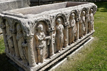 Carved stone sarcophagus at museum in Aphrodisias, Turkey