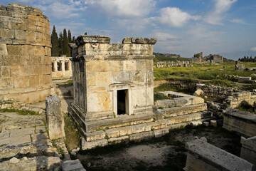 Near Denizli, Turkey, ruins at the necropolis of the former Roman city of Hierapolis-Pamukkale...
