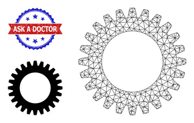 Network cogwheel carcass illustration, and bicolor grunge Ask a Doctor seal. Polygonal carcass illustration is based on cogwheel icon.