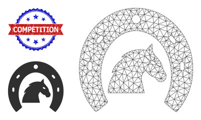 Polygonal horse farming carcass illustration, and bicolor dirty Competition stamp. Polygonal wireframe illustration is designed with horse farming pictogram.