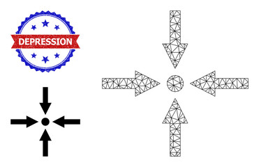 Mesh meeting point model icon, and bicolor textured Depression seal. Mesh carcass illustration is designed with meeting point pictogram.
