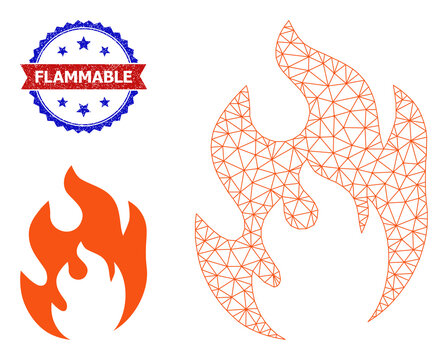 Mesh fire flame wireframe illustration, and bicolor dirty Flammable seal stamp. Mesh carcass illustration is designed with fire flame pictogram.