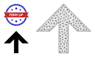 Polygonal move up wireframe icon, and bicolor dirty Firm Up seal. Polygonal wireframe symbol is created from move up icon. Vector imprint with Firm Up title inside red ribbon and blue rosette,