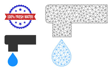 Network kitchen tap carcass illustration, and bicolor grunge 100% Fresh Water seal. Polygonal carcass illustration designed with kitchen tap icon.