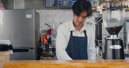 Young handsome man barista wearing aprons working at the counter at the cafe coffee shop, Owner small business concept