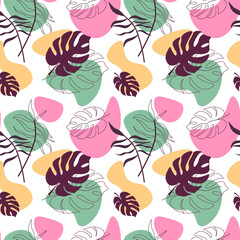 Pattern with palm leaves and abstract spots. Vector illustration. For packaging, clothing prints, covers, brochures, cards and invitations.