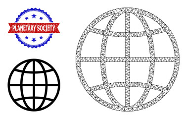 Mesh globe model illustration, and bicolor unclean Planetary Society seal stamp. Mesh wireframe symbol designed with globe icon.