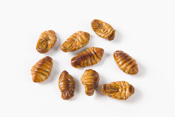 Fried Silkworm chrysalis on white background.