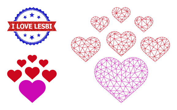 Triangular lovely hearts carcass icon, and bicolor grunge I Love Lesbi seal stamp. Mesh carcass image is based on lovely hearts icon.