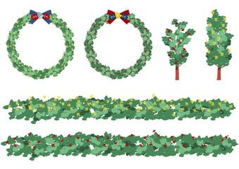 ヒイラギの木とヒイラギのリース　セット　イラスト素材
