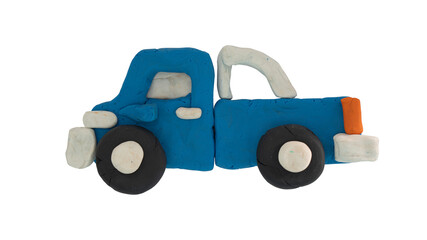Beside view of pickup car blue color with rack. Made from plasticine. On isolated white background with clipping path.