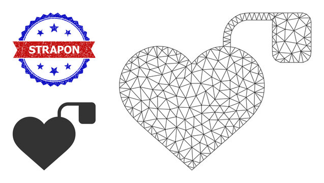 Network pacemaker carcass icon, and bicolor unclean Strapon seal stamp. Mesh wireframe symbol designed with pacemaker icon. Vector imprint with Strapon text inside red ribbon and blue rosette,