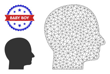 Triangular human head model icon, and bicolor scratched Baby Boy seal stamp. Mesh wireframe image based on human head icon. Vector seal with Baby Boy text inside red ribbon and blue rosette,