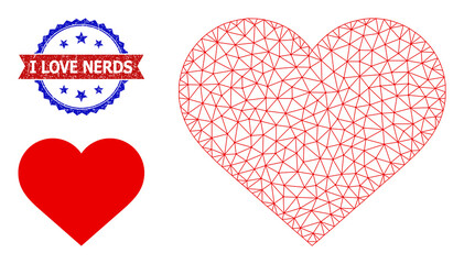 Mesh love heart model illustration, and bicolor scratched I Love Nerds seal. Mesh carcass image is designed with love heart pictogram.