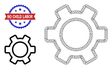 Net contour gear wireframe icon, and bicolor unclean No Child Labor stamp. Mesh wireframe image is designed with contour gear icon.