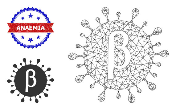 Mesh Beta covid virus frame icon, and bicolor scratched Anaemia stamp. Mesh wireframe symbol based on Beta covid virus icon. Vector imprint with Anaemia tag inside red ribbon and blue rosette,