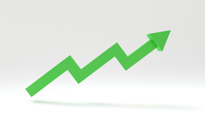 3D Green up arrow on white background. Minimal concept trading cryptocurrency, Market investment trading, exchange, 3D rendering, isolated, financial, index, forex.